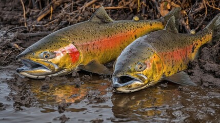 Two magnificent Chinook Salmon emerge from the muddy riverbank, showcasing their vibrant colors and powerful physique.