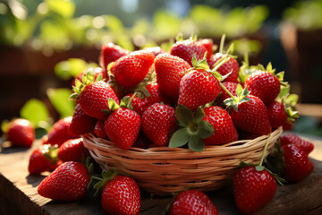 Basket full of red strawberries on a wooden table. The basket is overflowing with strawberries, and the table is covered in them. Concept of abundance and freshness, as the strawberries are ripe