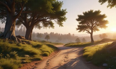Fototapeta premium A serene forest landscape at sunset with a lone tree in the foreground and a winding path leading into the distance, wilderness, forest