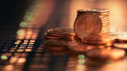 A close-up of the Bitcoin logo on top of several other coins.