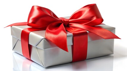 Fototapeta premium Silver Gift Box with Elegant Red Ribbon and Bow