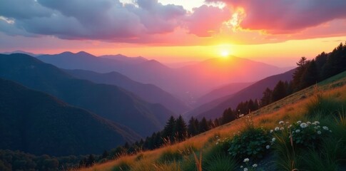 Gentle sunrise over rolling mountains and valleys, serene landscape, mountain