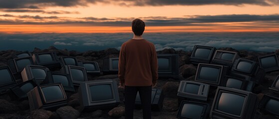 A contemplative figure stands amidst an array of vintage televisions against a stunning sunset, symbolizing the juxtaposition of technology and nature in a surreal landscape.