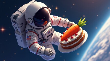 Celebrating in space astronaut with carrot cake outer space digital art cosmic environment unique perspective