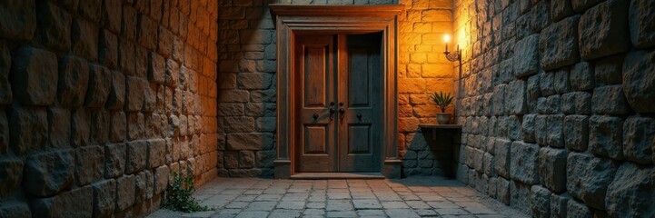 Fototapeta premium Ancient wooden door in a dimly lit hallway, wood, interior
