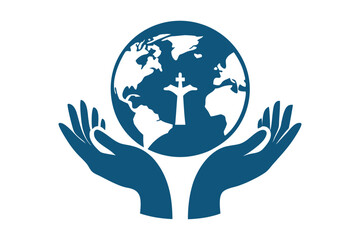  A silhouette of hands gently holding a globe surrounded by glowing religious symbols, symbolizing global care, unity, and peace. Vector illustration for worldwide harmony and understanding