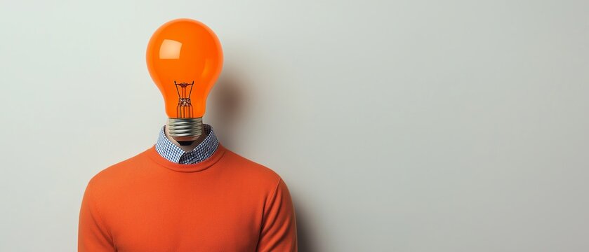 A creative concept featuring a man with an orange light bulb for a head, symbolizing bright ideas and innovation. Ideal for themes of creativity and outside-the-box thinking.