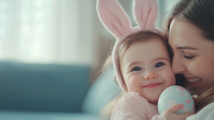 Fototapeta premium Happy family with a cute little daughter wearing bunny ears.