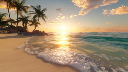 Serene Beach at Sunset with Waves and Palm Trees in the Horizon