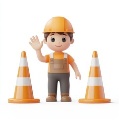 A cartoon construction worker is in front of traffic cones