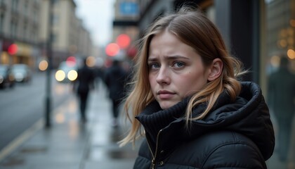 Fototapeta premium Sad Young Woman on a City Street, Urban Melancholy