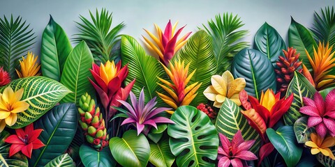 Fototapeta premium Vibrant tropical floral arrangement with colorful leaves and exotic greenery forming a seamless background, leaves, floral
