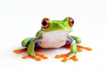 A green frog with vivid red eyes is sitting on a clean white surface