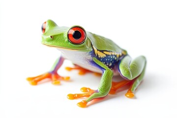 A green frog with vivid red eyes is sitting on a clean white surface