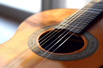 Close up of the strings of a sun-drenched wooden Spanish guitar
