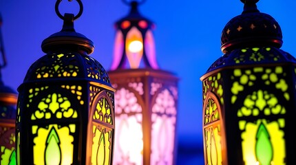 Obraz premium Colorgul lantern with candle, lamp with arabic decoration, purple curtains. Concept for islamic celebration day ramadan kareem or eid al fitr adha. 3d rendering