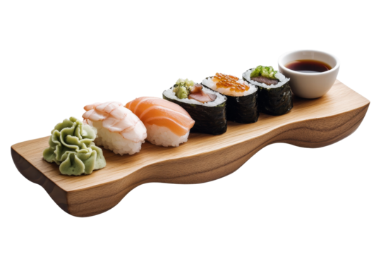 A wooden tray with a variety of sushi arranged in rows, with wasabi and soy sauce for dipping