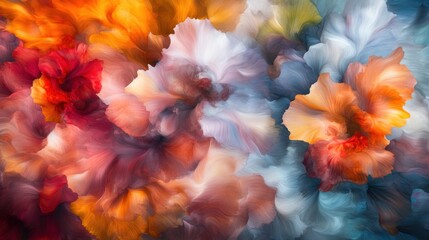 Fototapeta premium Abstract colorful floral artwork, vibrant hues, paint strokes, flower shapes.