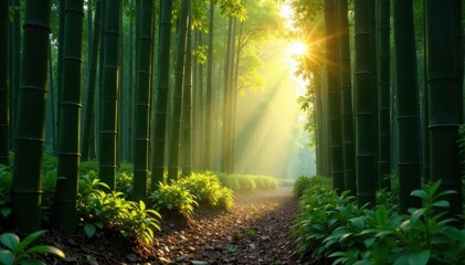 Obraz premium Bamboo forest at dawn with soft light, serene, morning, natural