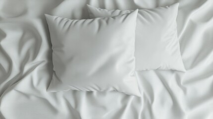Two Pristine White Pillows Resting on a Smooth, Wrinkled White Sheet, Minimalist Bedroom Setup
