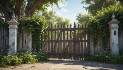 Distressed wooden fence with overgrown vines and old gates, gate, fence © OneWayPhoto