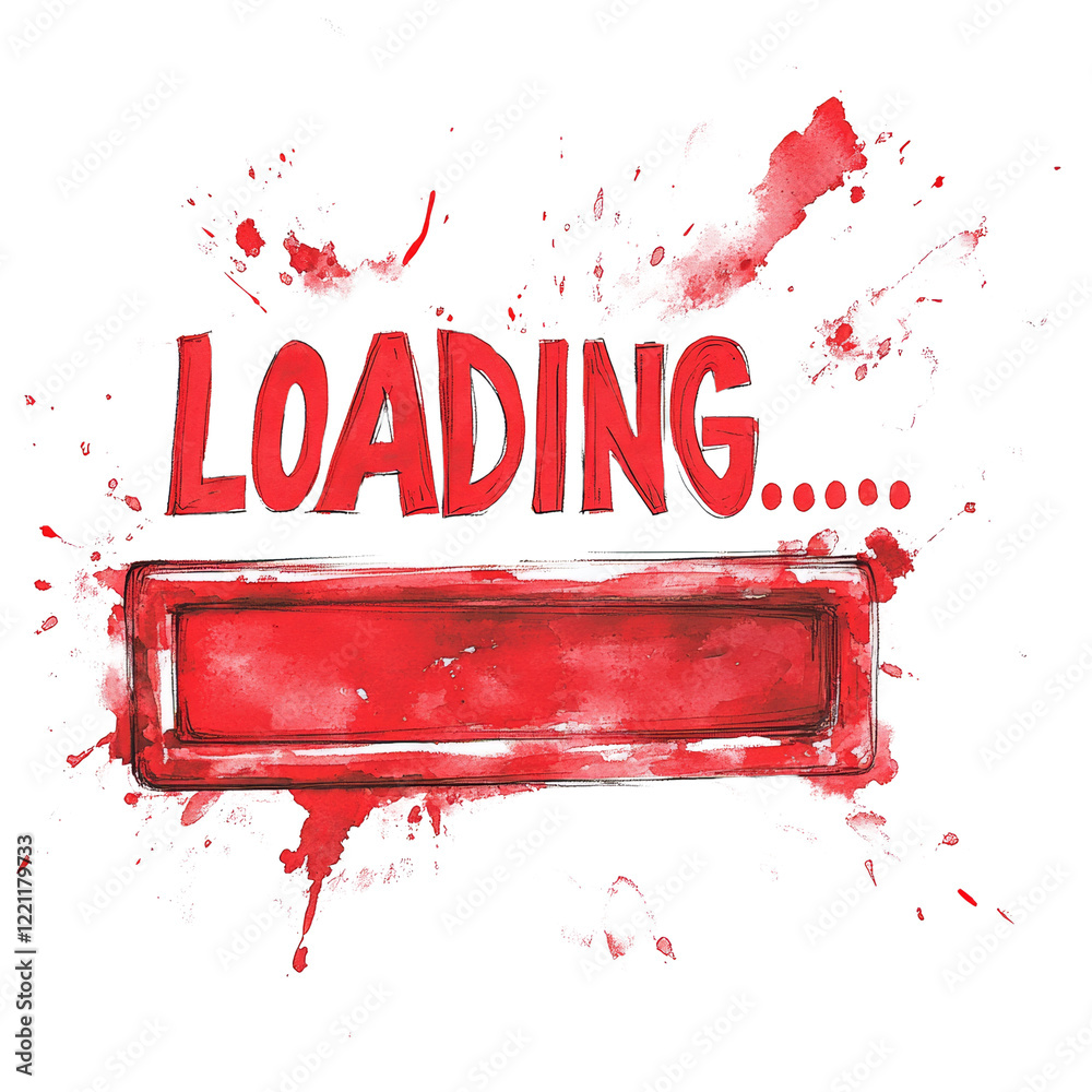 Poster an abstract watercolor painting depicts a loading bar with red paint splatters on a black background