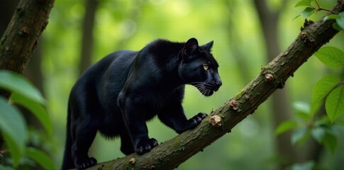 Obraz premium Black panther in tree branch, wildlife, dark cat
