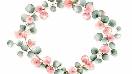 Obraz premium Floral wreath, pastel pink, green leaves, white background, wedding invitation design