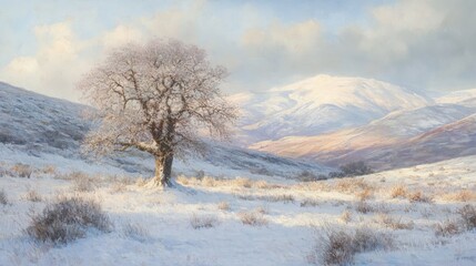 Serene Snowy Landscape with Lone Tree and Hills
