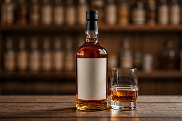 A mockup of a whiskey bottle displayed in an aesthetic setting, ideal for showcasing branding or label designs