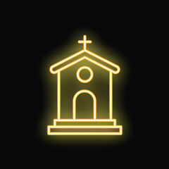 Neon sign depicting a church, glowing yellow on a dark background