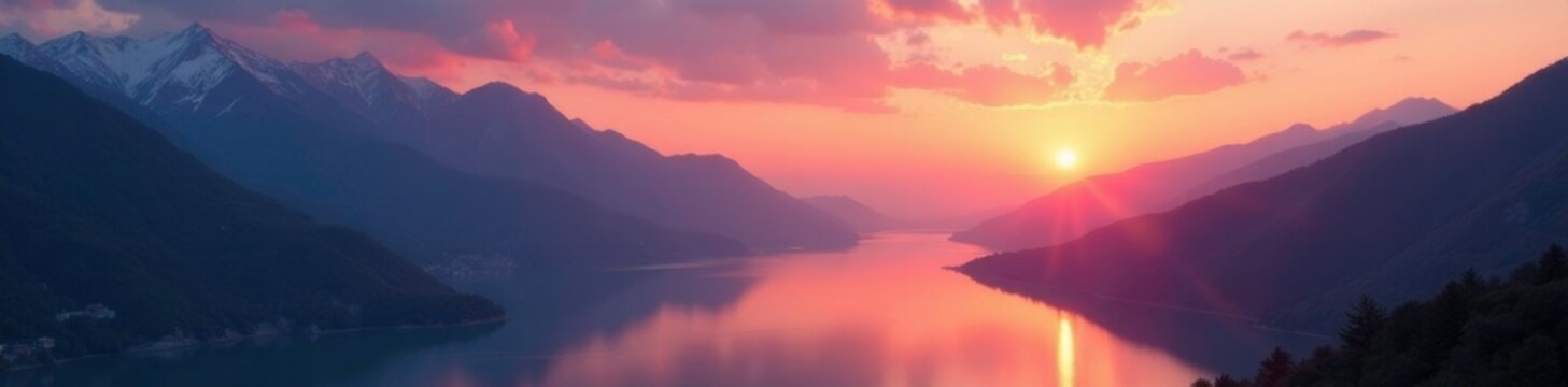 Gentle sunset over a mountain range with a river, peaceful, serene scenery