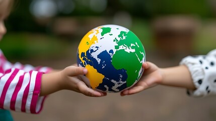 Two Children Sharing a Colorful Globe Outdoors