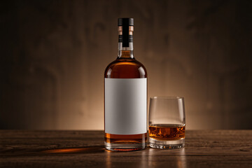 A mockup of a whiskey bottle displayed in an aesthetic setting, ideal for showcasing branding or label designs