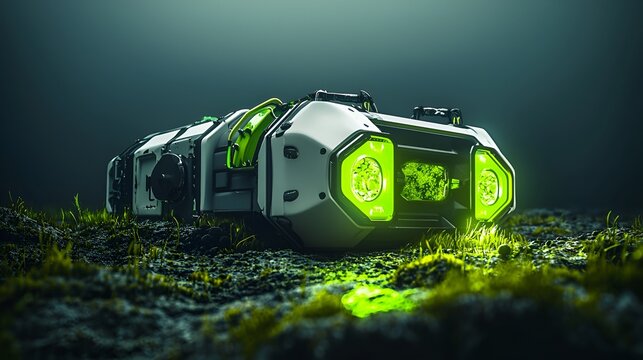 Futuristic device, grassy ground, dark background, sci-fi concept