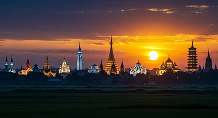 Sunset Silhouette: Illuminated Temples and Pagodas at Golden Hour