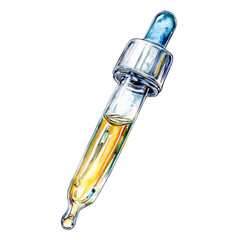 Naklejka premium A watercolor illustration of a glass dropper containing a yellow liquid likely used for skincare or aromatherapy.