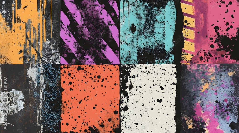Poster abstract grunge textures with vibrant splatter and distressed patterns for creative background desig