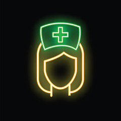 Neon icon of the head of a nurse wearing a hat with a cross on it, glowing on a black background