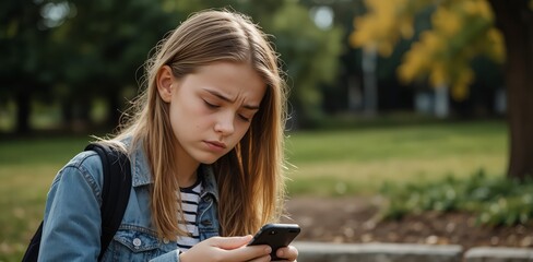 A young girl outdoors, staring at her phone with a worried expression, depicting the struggle of dealing with online bullying on social media platforms