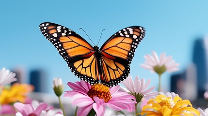 Fototapeta premium Vibrant Butterfly on Colorful Flowers Against Urban Skyline