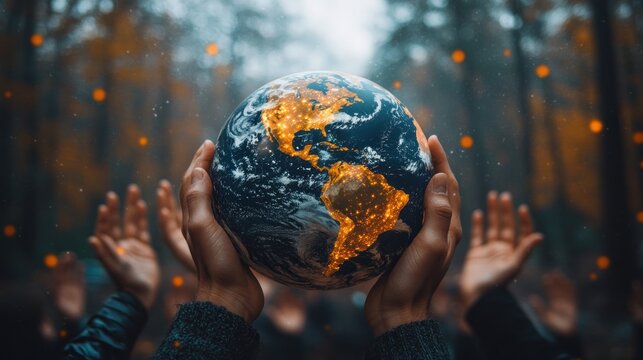 Global community protecting Earth, forest background, hope concept, environmental campaign