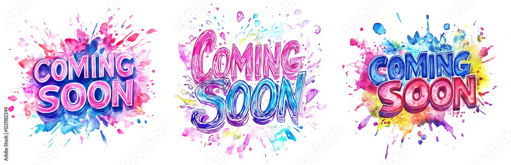 Aufkleber the image displays three variations of a coming soon announcement rendered in colorful watercolor sp