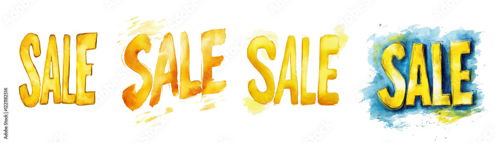 Poster The image shows four variations of the word SALE painted in watercolor with different color palettes and background styles.