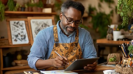 Inspirational male artist and entrepreneur in creative studio setting. Black History Month