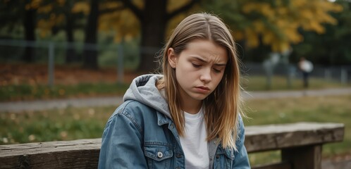 Fototapeta premium A young girl outdoors, staring at her phone with a worried expression, depicting the struggle of dealing with online bullying on social media platforms