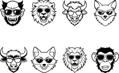 Head of a animals wear a sunglass angry face vector illustration set, Head of a animals wear a sunglass angry face silhouette or line art vector