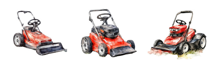 A watercolor painting depicts three red lawn mowers in varying angles showcasing their features and design.