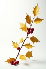 Golden holly leaves and berries suspended in mid-air isolated on white background, Isolated, Berries