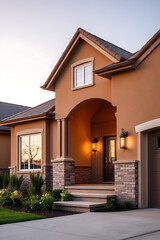 Fototapeta premium Luxury Home Exterior at Dusk: Modern Brick and Stone Architecture, Elegant Design, and Landscaping